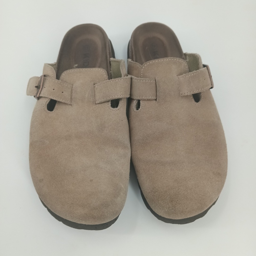 KIDMI Suede Clogs Mules Taupe Brown Buckle Strap Cork Footbed Size 42